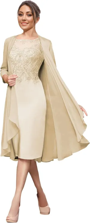 Mother of The Bride Dresses with Jacket Lace Wedding Guest Dresses for Women Tea Length Chiffon Evening Dress