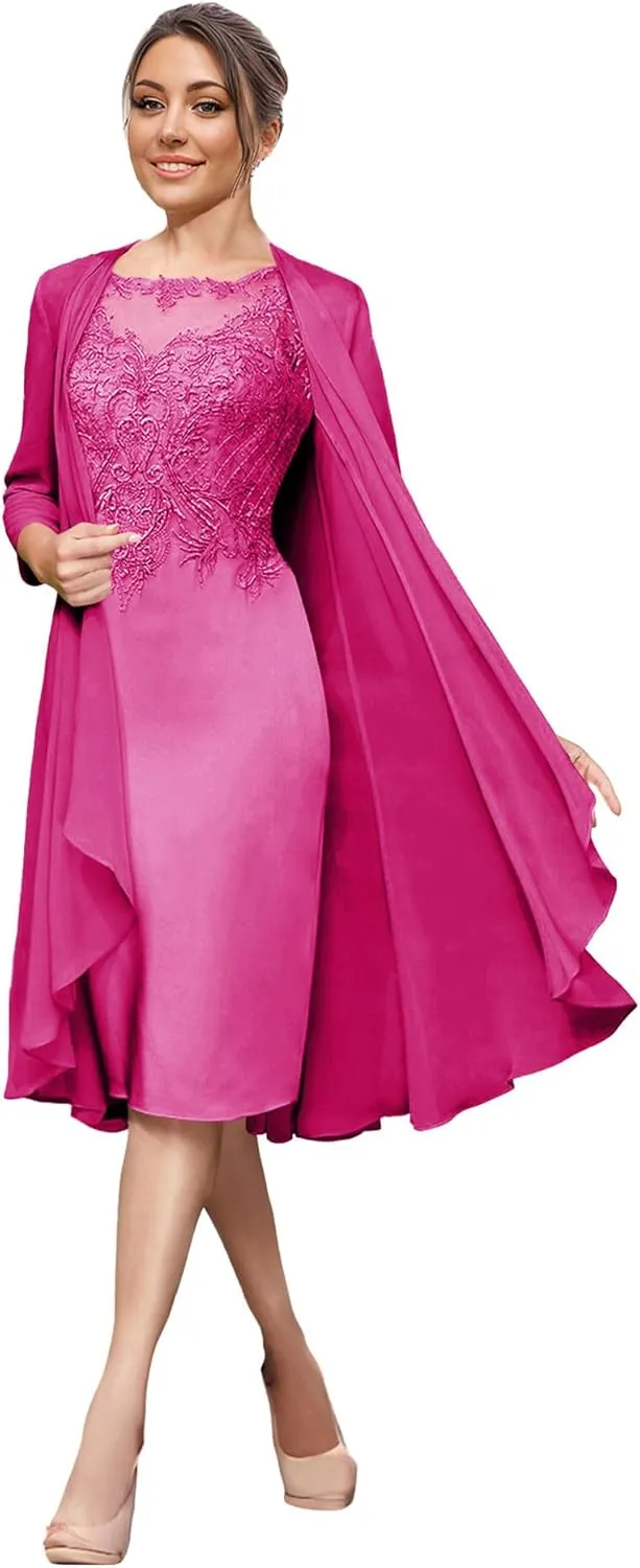Mother of The Bride Dresses with Jacket Lace Wedding Guest Dresses for Women Tea Length Chiffon Evening Dress