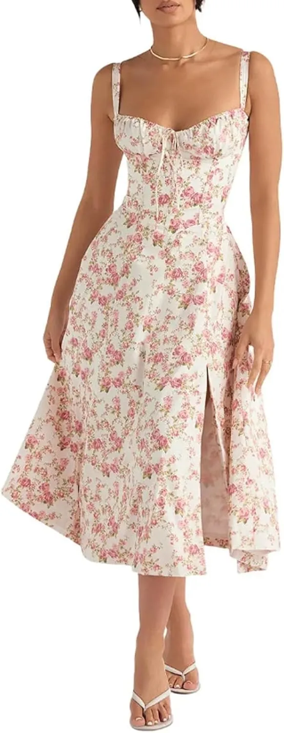 Nakans Floral Bustier Midriff Waist Shaper Dress, Floral Dresses, Women's Sexy Slit Print Summer Beach Flowy Dresses