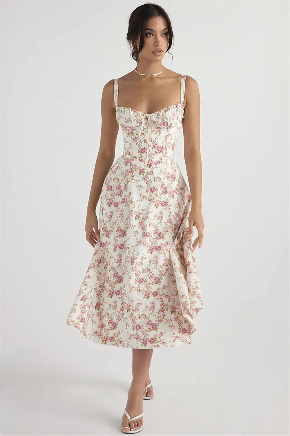 Nakans Floral Bustier Midriff Waist Shaper Dress, Floral Dresses, Women's Sexy Slit Print Summer Beach Flowy Dresses