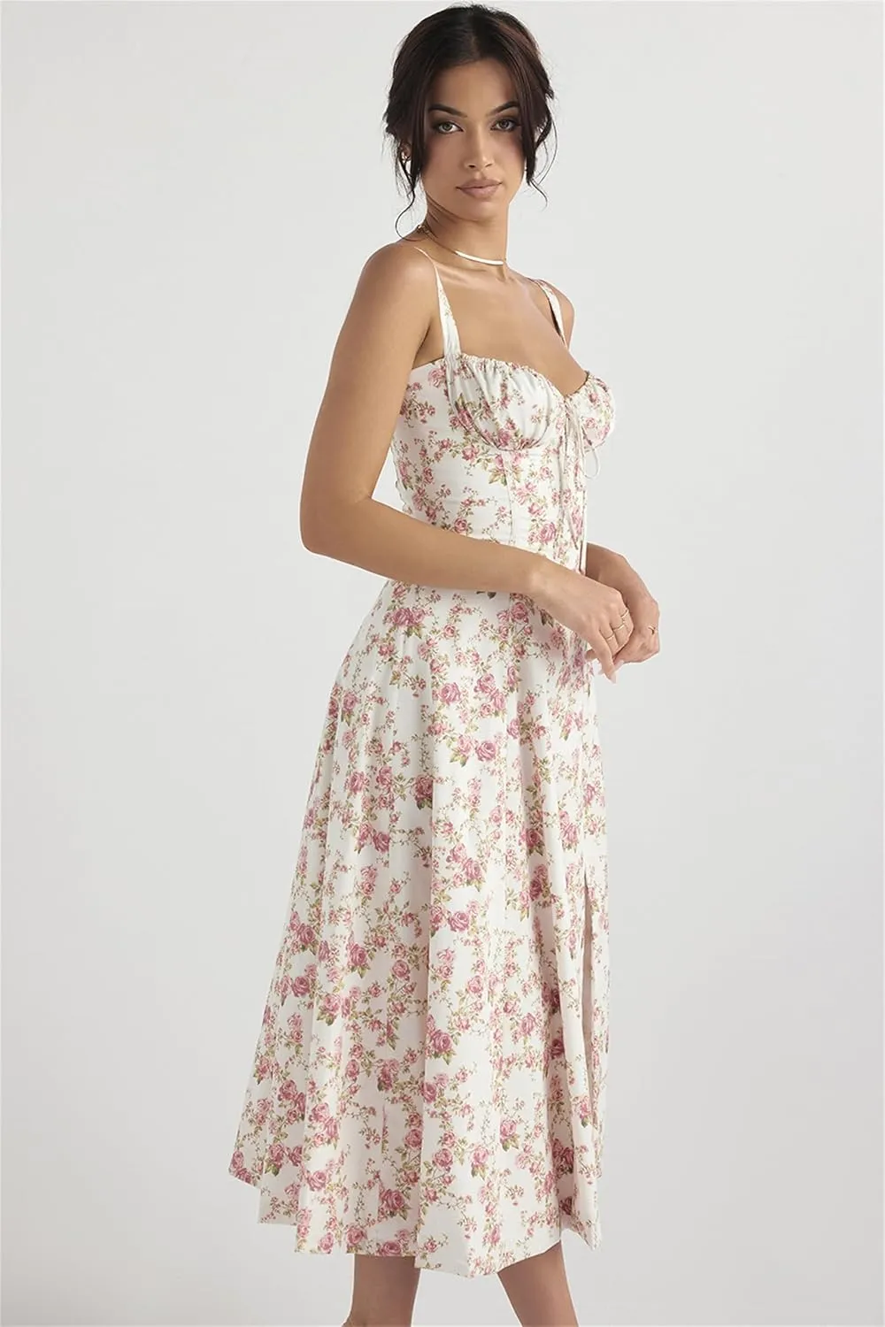 Nakans Floral Bustier Midriff Waist Shaper Dress, Floral Dresses, Women's Sexy Slit Print Summer Beach Flowy Dresses