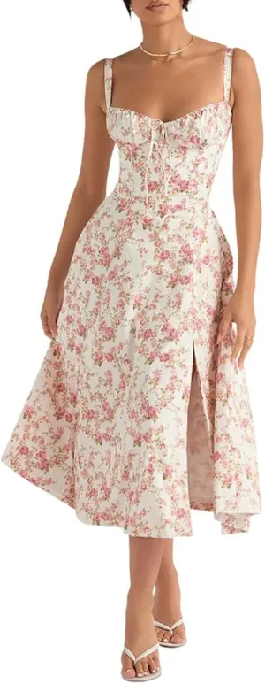 Nakans Floral Bustier Midriff Waist Shaper Dress, Floral Dresses, Women's Sexy Slit Print Summer Beach Flowy Dresses