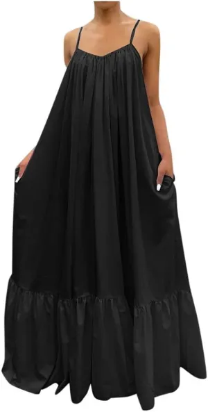 NaRHbrg Women's Spaghetti Strap Ruffle Hem Maxi Dress Loose Fit Casual Sundress Flowy Summer Beach Dresses