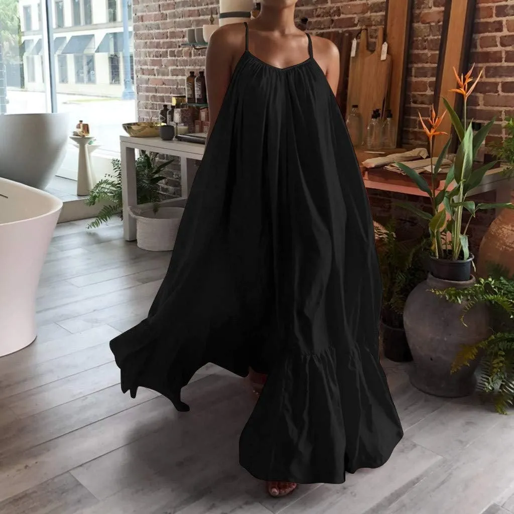 NaRHbrg Women's Spaghetti Strap Ruffle Hem Maxi Dress Loose Fit Casual Sundress Flowy Summer Beach Dresses