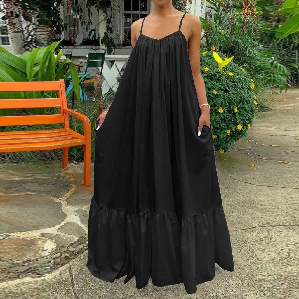 NaRHbrg Women's Spaghetti Strap Ruffle Hem Maxi Dress Loose Fit Casual Sundress Flowy Summer Beach Dresses