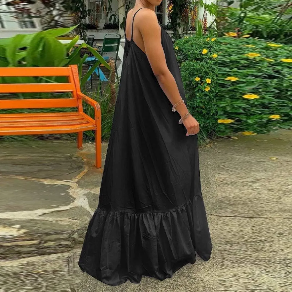 NaRHbrg Women's Spaghetti Strap Ruffle Hem Maxi Dress Loose Fit Casual Sundress Flowy Summer Beach Dresses