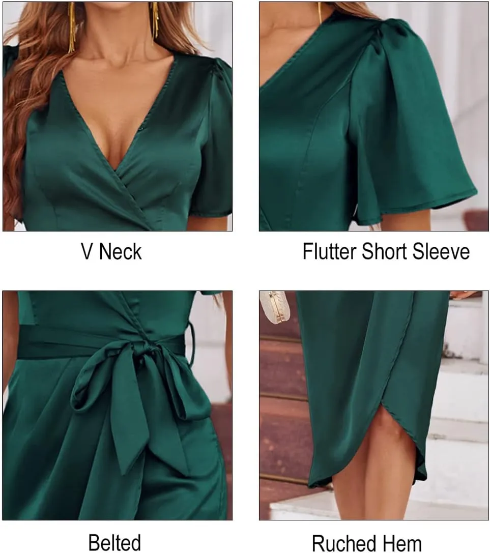Newshows Women's 2023 Satin Short/Long Sleeve Cocktail Midi Dress Belted Ruched Slit Formal Wedding Guest Dresses