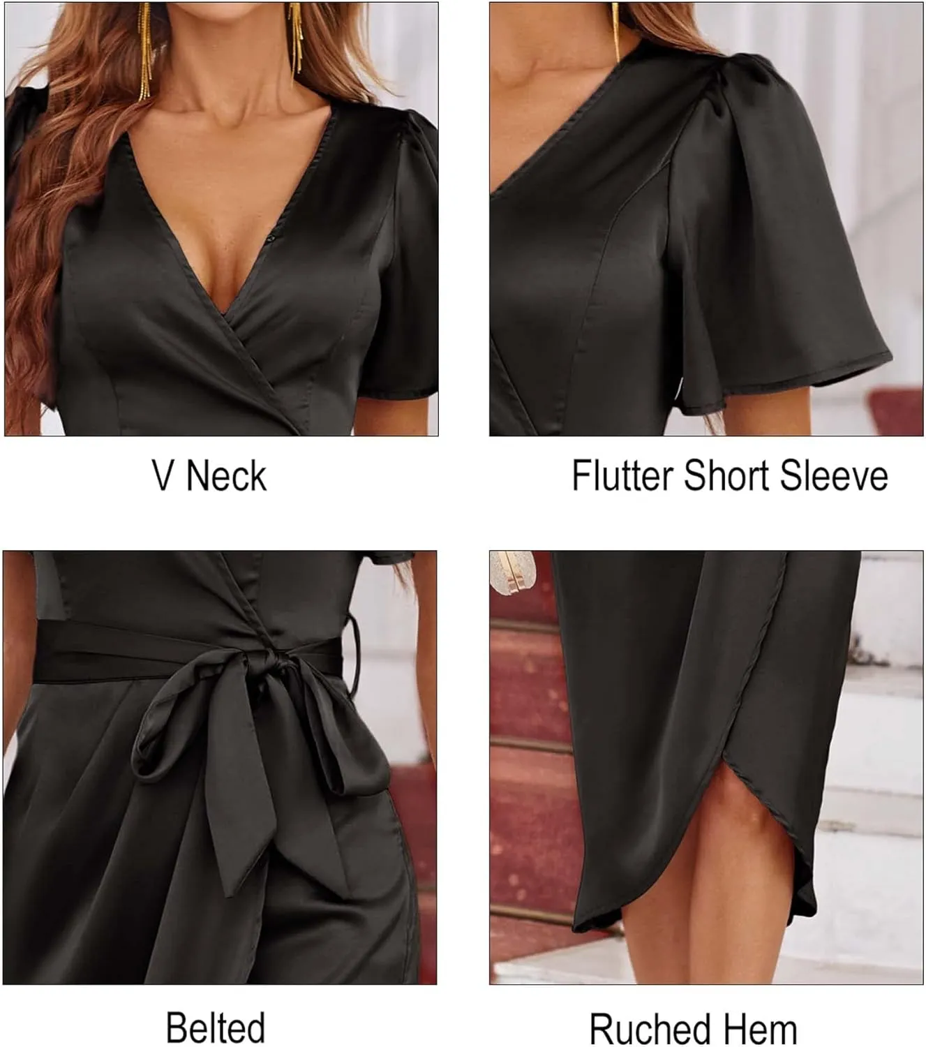 Newshows Women's 2023 Satin Short/Long Sleeve Cocktail Midi Dress Belted Ruched Slit Formal Wedding Guest Dresses