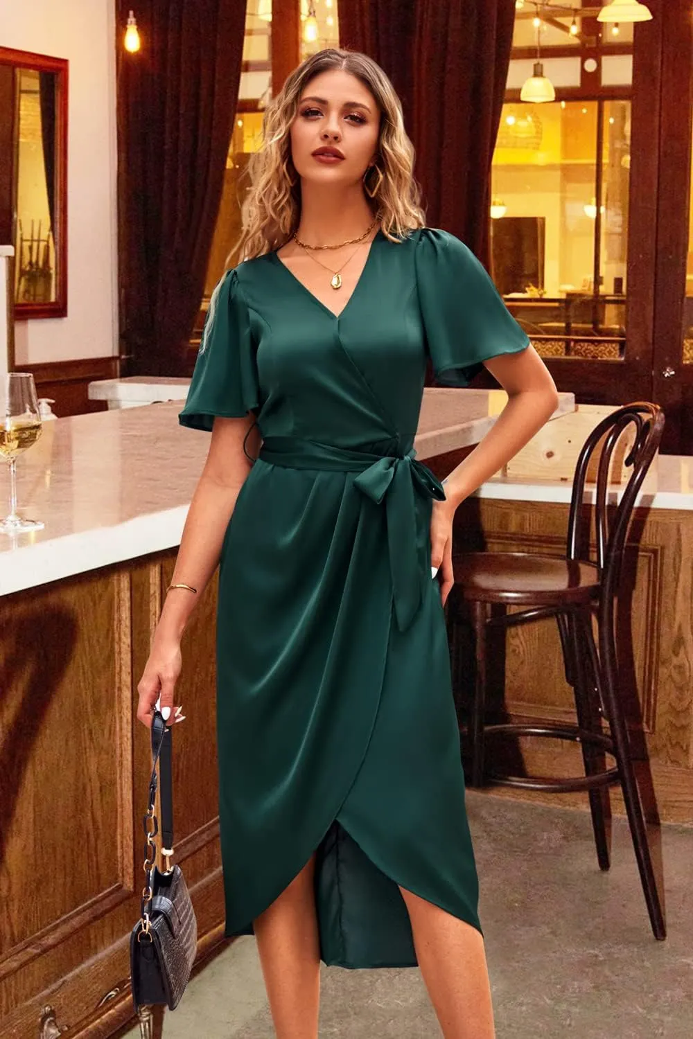 Newshows Women's 2023 Satin Short/Long Sleeve Cocktail Midi Dress Belted Ruched Slit Formal Wedding Guest Dresses