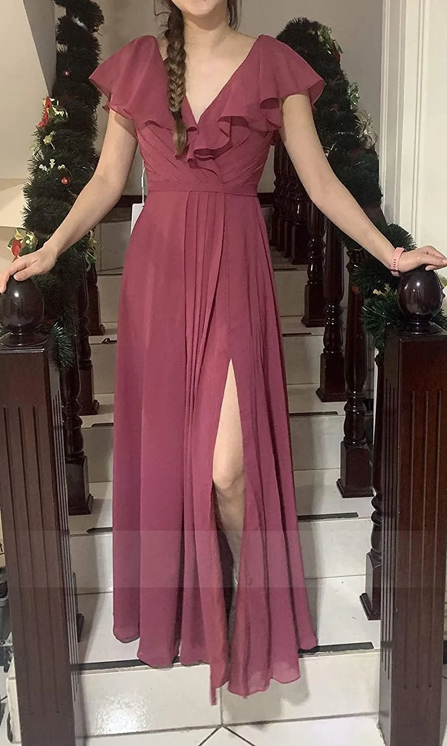 N.L.B Women's A Line V Neck Bridesmaid Dresses Long Ruffle Sleeves Chiffon Formal Evening Gown with Slit