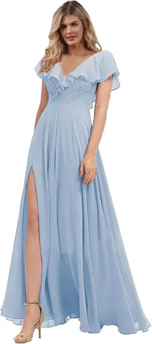 N.L.B Women's A Line V Neck Bridesmaid Dresses Long Ruffle Sleeves Chiffon Formal Evening Gown with Slit