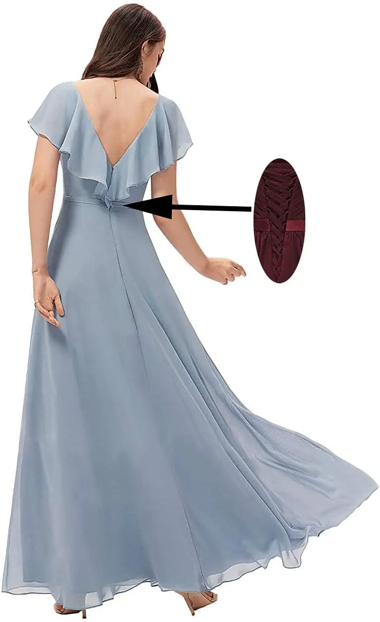 N.L.B Women's A Line V Neck Bridesmaid Dresses Long Ruffle Sleeves Chiffon Formal Evening Gown with Slit