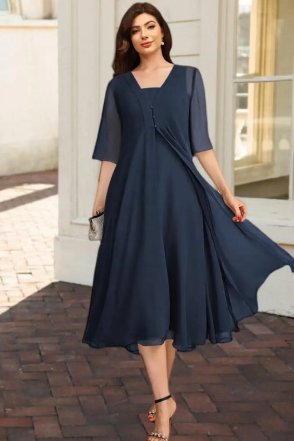 Noras dress 2 Pieces Simple 3/4 Sleeve Mother of The Bride Dresses Tea Length Formal Dress for Mother of Graduate NO292