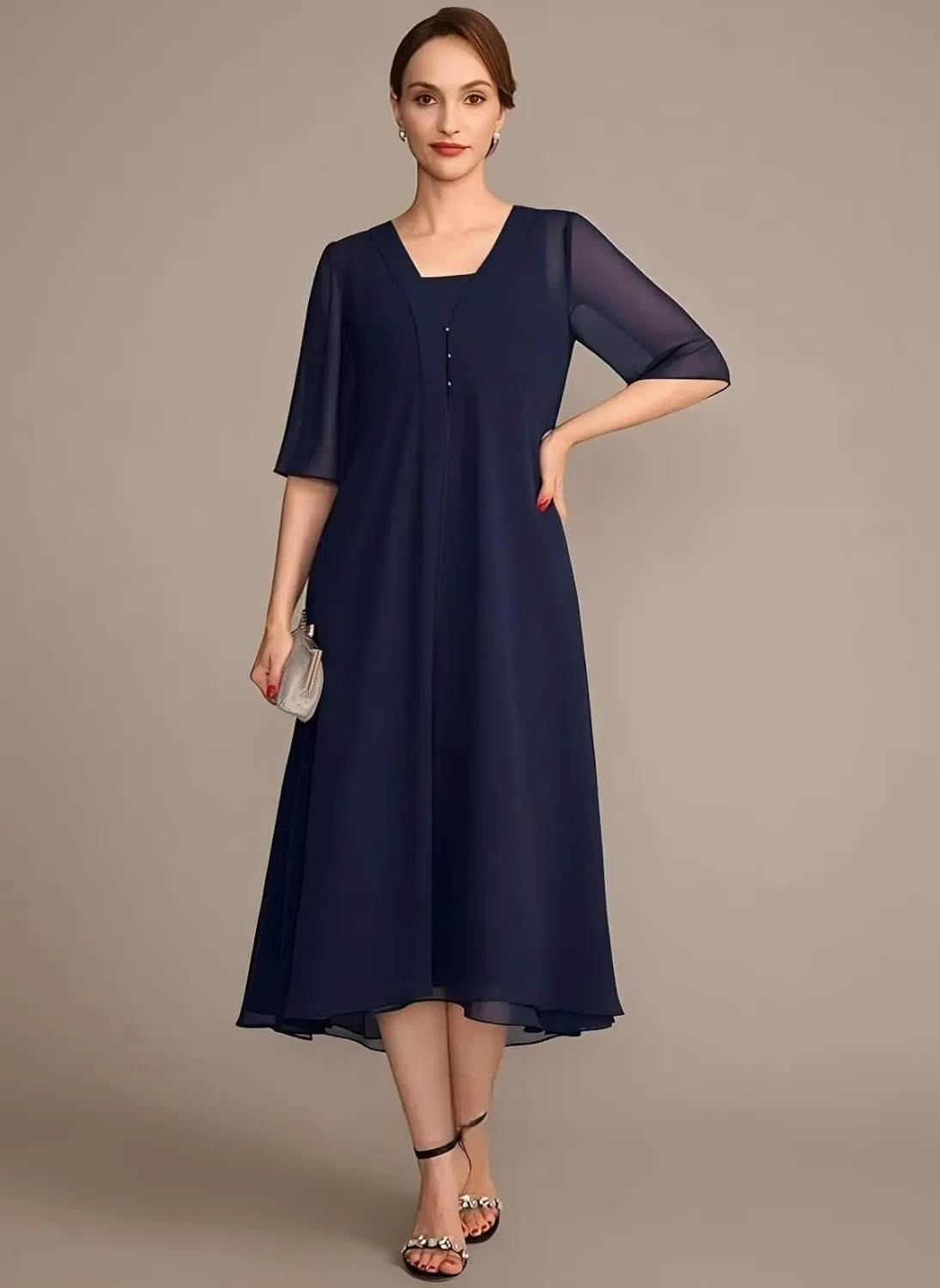 Noras dress 2 Pieces Simple 3/4 Sleeve Mother of The Bride Dresses Tea Length Formal Dress for Mother of Graduate NO292