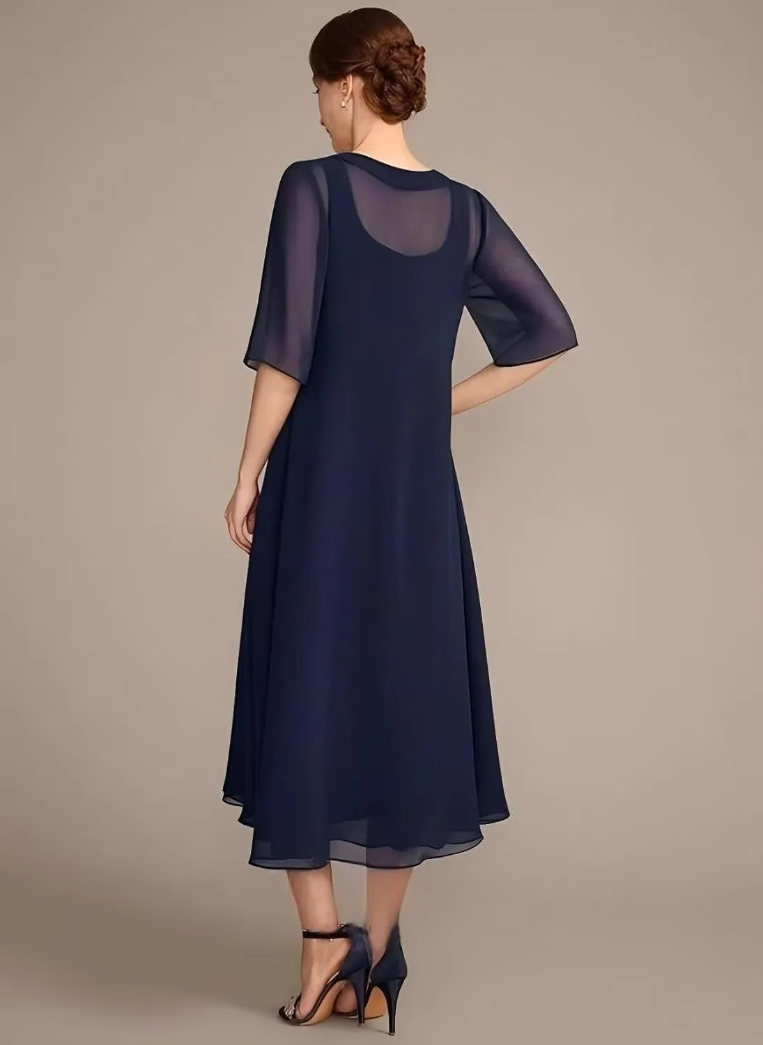 Noras dress 2 Pieces Simple 3/4 Sleeve Mother of The Bride Dresses Tea Length Formal Dress for Mother of Graduate NO292