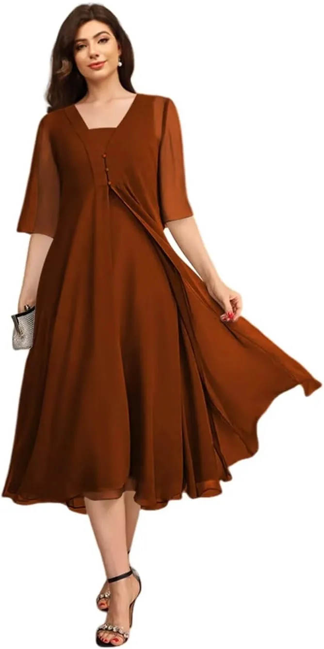 Noras dress 2 Pieces Simple 3/4 Sleeve Mother of The Bride Dresses Tea Length Formal Dress for Mother of Graduate NO292