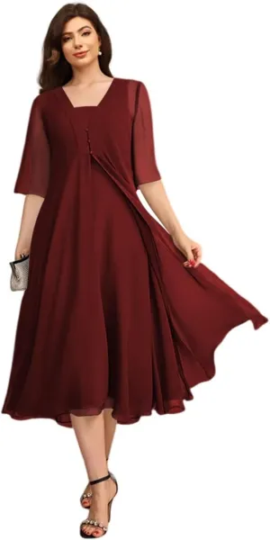 Noras dress 2 Pieces Simple 3/4 Sleeve Mother of The Bride Dresses Tea Length Formal Dress for Mother of Graduate NO292