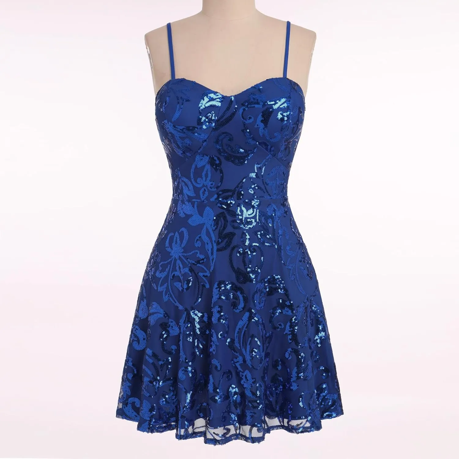 ODIZLI Women's Spaghetti Straps Sparkly Sequins A Line Swing Party Nightclub Dance Mini Dress Above Knee Length