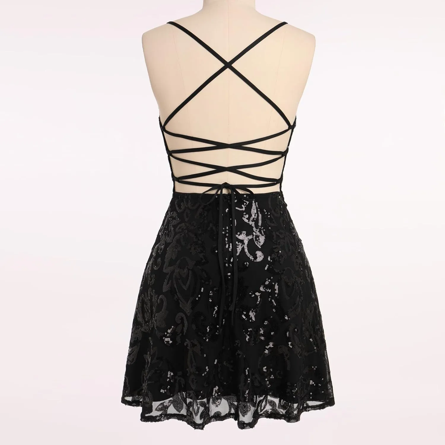 ODIZLI Women's Spaghetti Straps Sparkly Sequins A Line Swing Party Nightclub Dance Mini Dress Above Knee Length