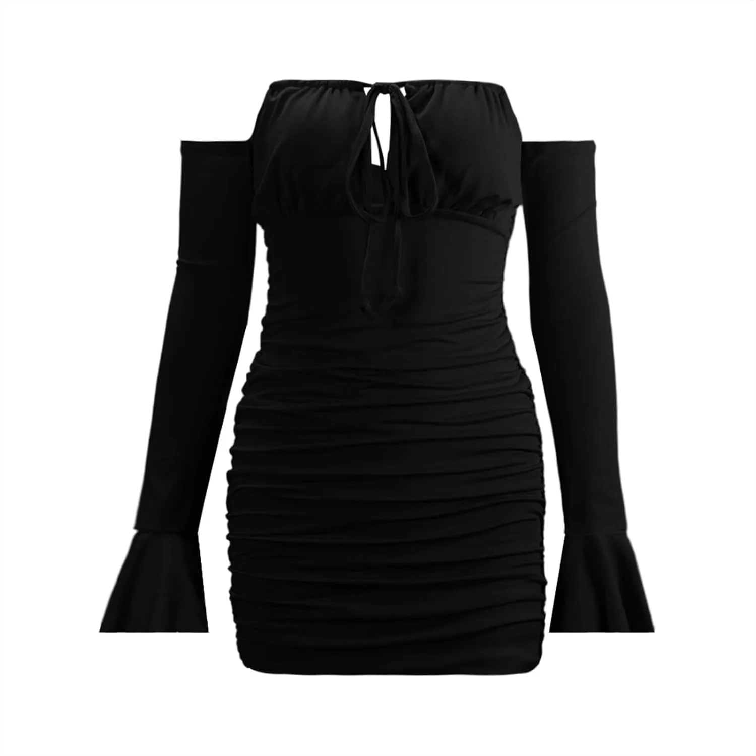 Off Shoulder Dress Women Sexy Bodycon Mini Dress Tie Front Keyhole Ruffle Cuffs Ruched Sheath Bodycon Curvy Slimming
