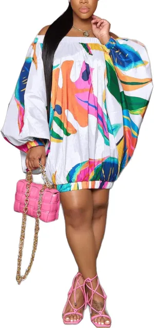 Off Shoulder Midi Dress for Women African Printed Long Sleeve Plus Size Pleated Sundress