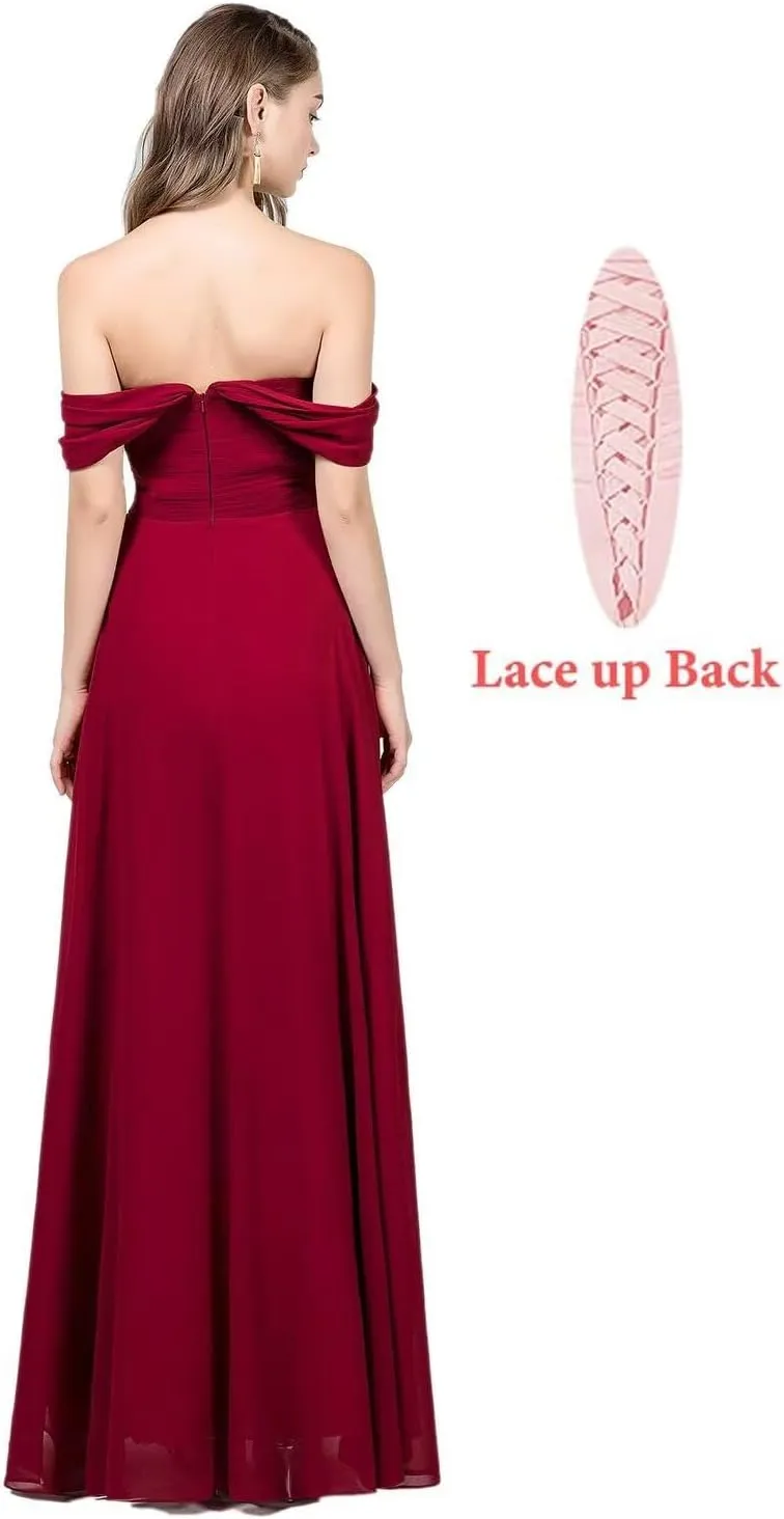 Off The Shoulder Bridesmaid Dresses Chiffon Formal Evening Dress with Slit A Line Long Pleated Prom Dress
