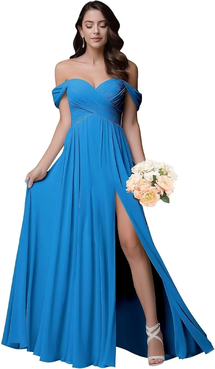 Off The Shoulder Bridesmaid Dresses Chiffon Formal Evening Dress with Slit A Line Long Pleated Prom Dress