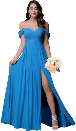 Off The Shoulder Bridesmaid Dresses Chiffon Formal Evening Dress with Slit A Line Long Pleated Prom Dress