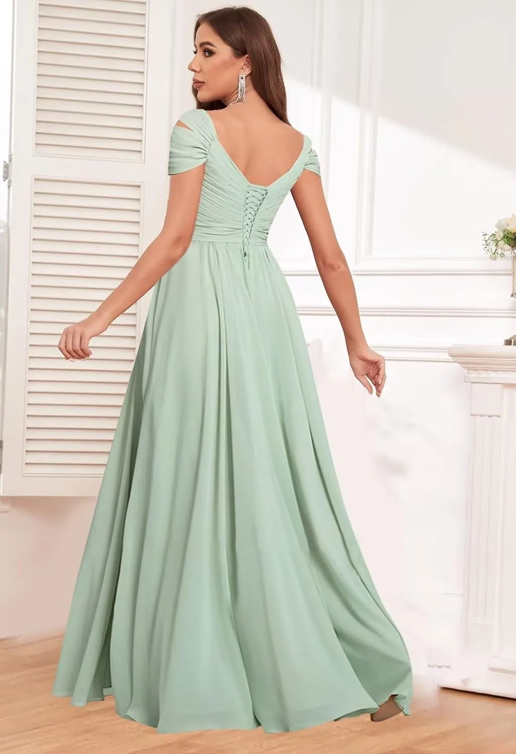 Off The Shoulder Bridesmaid Dresses Long with Pockets Pleated Chiffon Split Formal Gowns for Women