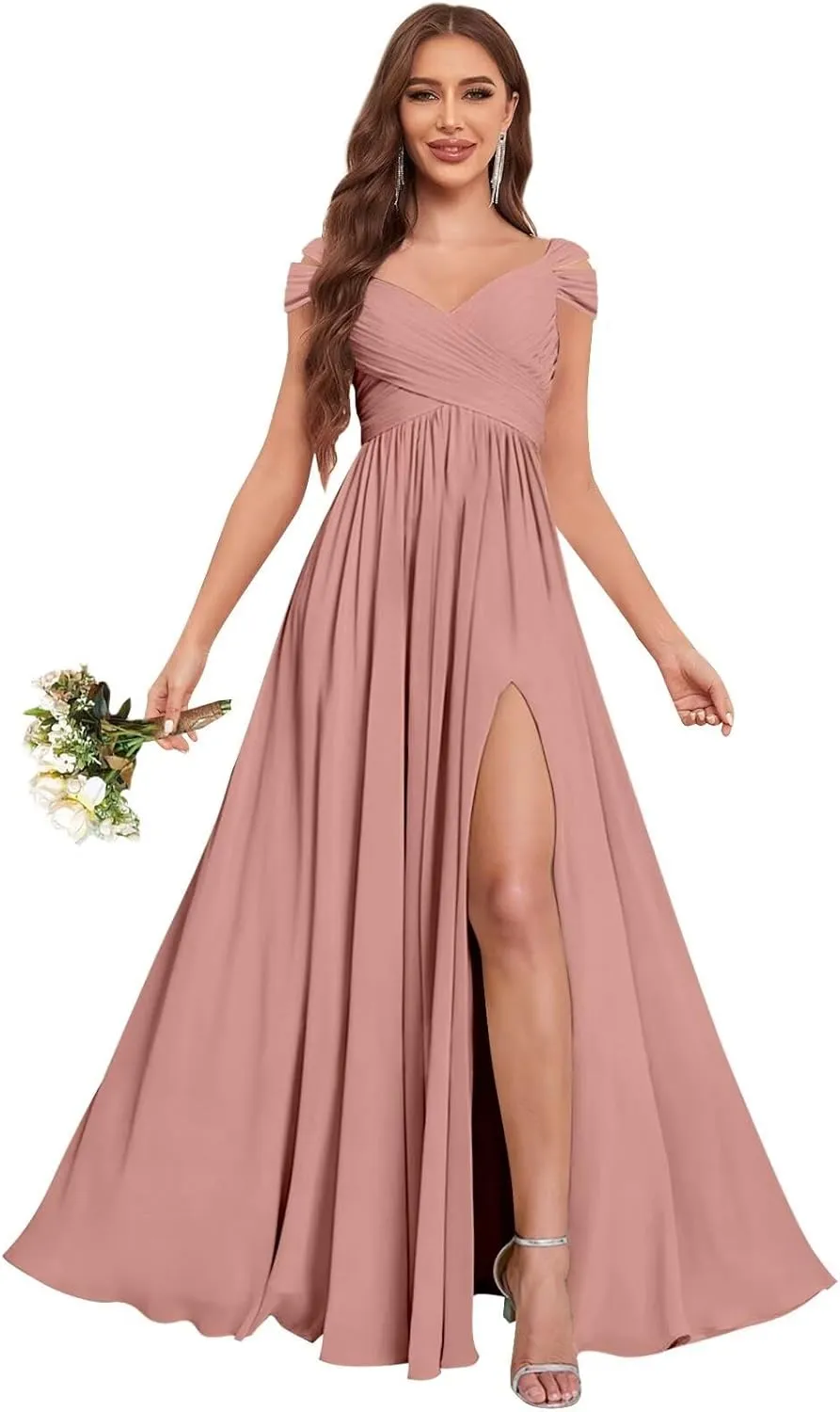 Off The Shoulder Bridesmaid Dresses Long with Pockets Pleated Chiffon Split Formal Gowns for Women