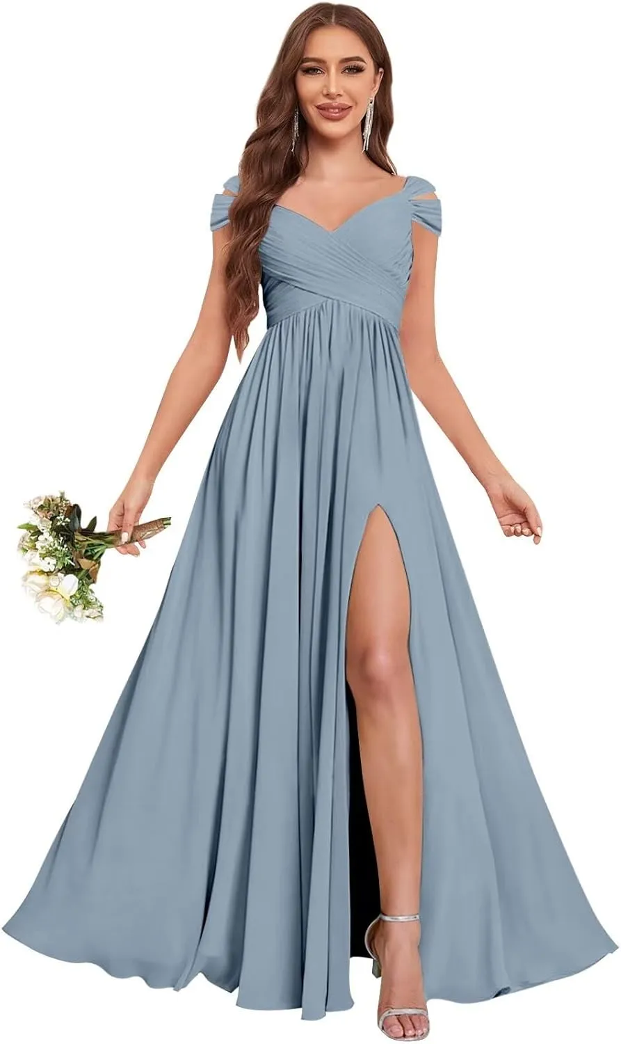 Off The Shoulder Bridesmaid Dresses Long with Pockets Pleated Chiffon Split Formal Gowns for Women