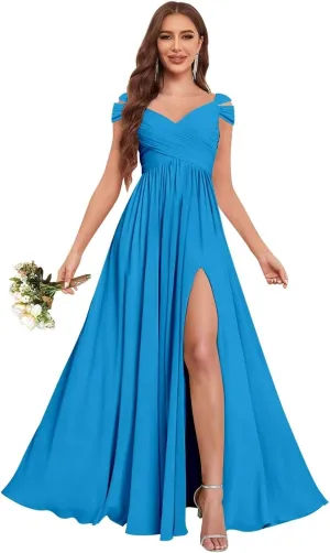 Off The Shoulder Bridesmaid Dresses Long with Pockets Pleated Chiffon Split Formal Gowns for Women