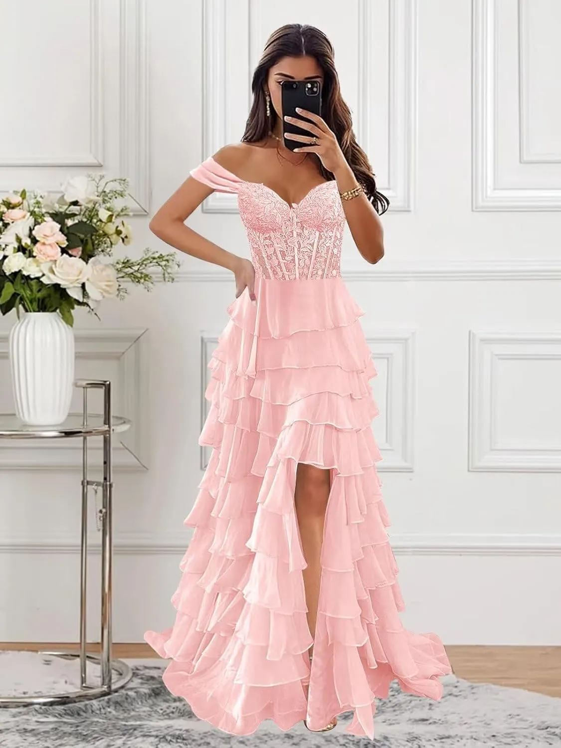 Off The Shoulder Prom Dresses for Women 2025 Long Lace Appliques Tiered Chiffon Formal Dress with Slit