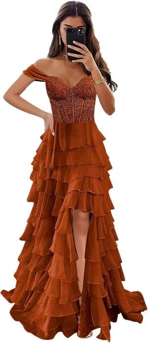 Off The Shoulder Prom Dresses for Women 2025 Long Lace Appliques Tiered Chiffon Formal Dress with Slit