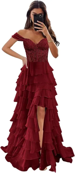 Off The Shoulder Prom Dresses for Women 2025 Long Lace Appliques Tiered Chiffon Formal Dress with Slit