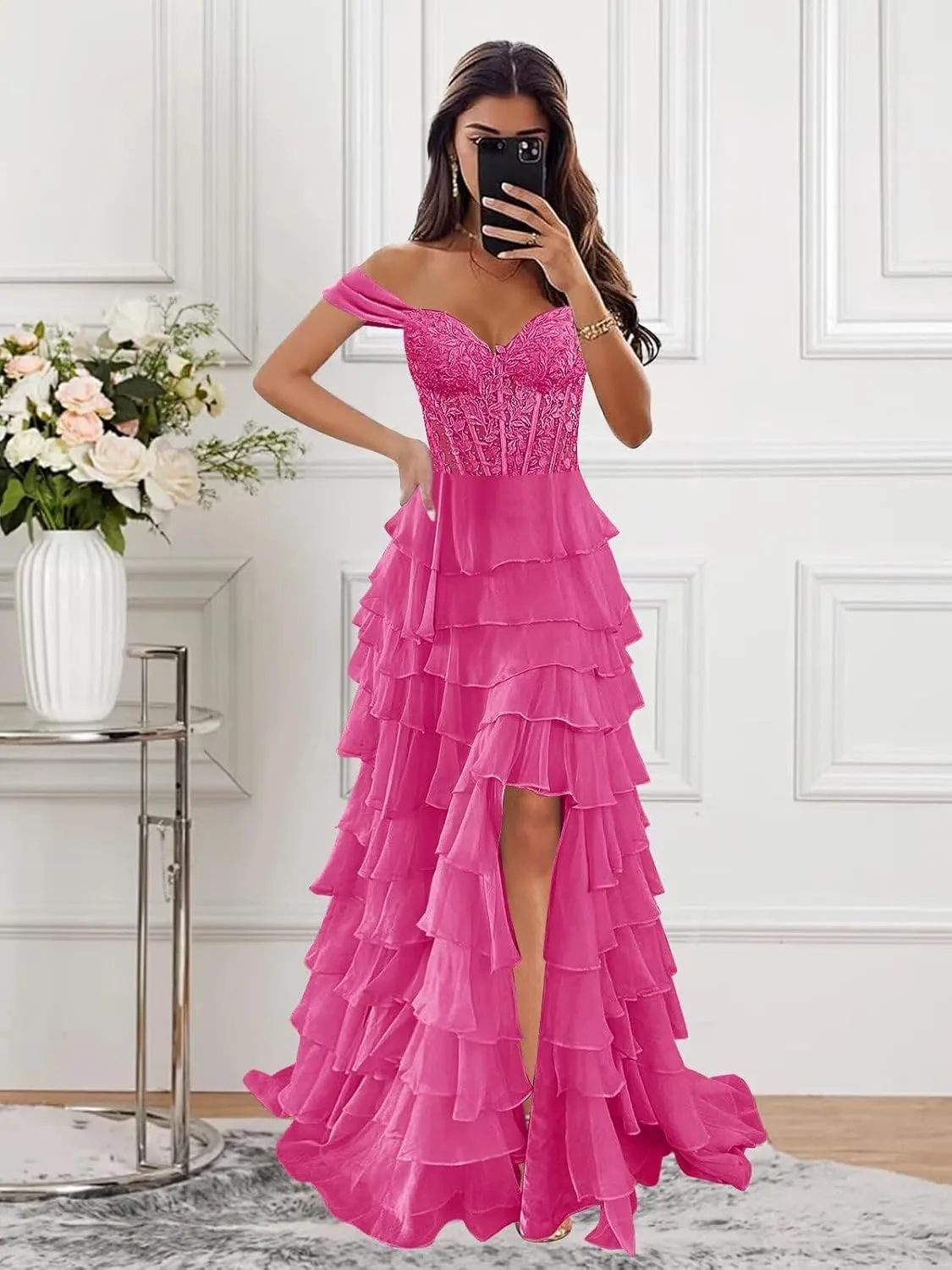 Off The Shoulder Prom Dresses for Women 2025 Long Lace Appliques Tiered Chiffon Formal Dress with Slit