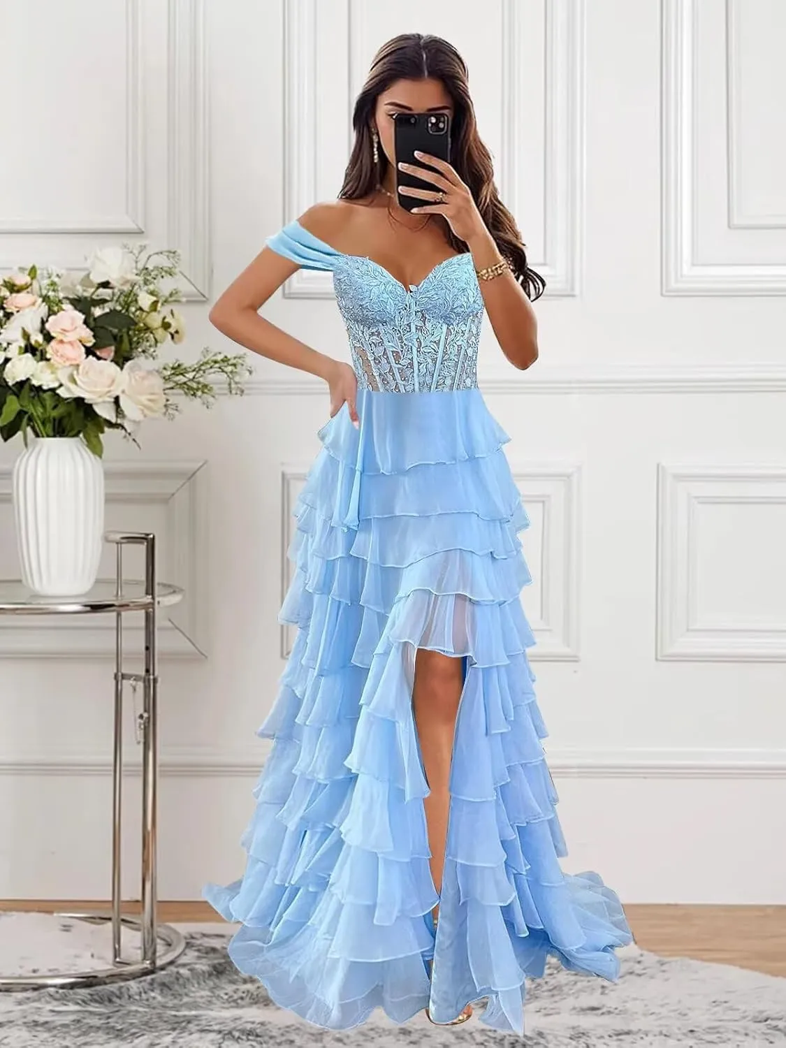 Off The Shoulder Prom Dresses for Women 2025 Long Lace Appliques Tiered Chiffon Formal Dress with Slit