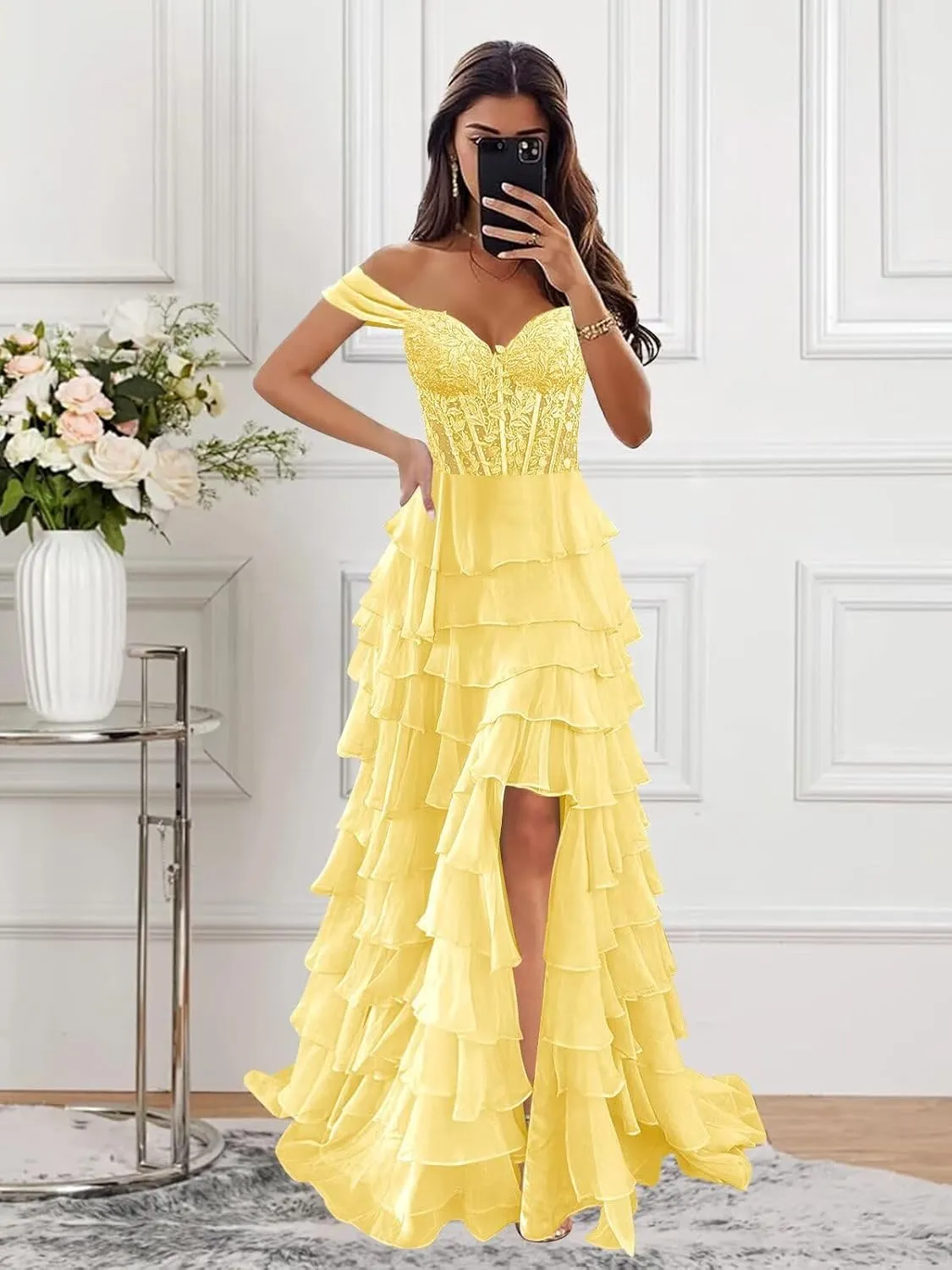 Off The Shoulder Prom Dresses for Women 2025 Long Lace Appliques Tiered Chiffon Formal Dress with Slit