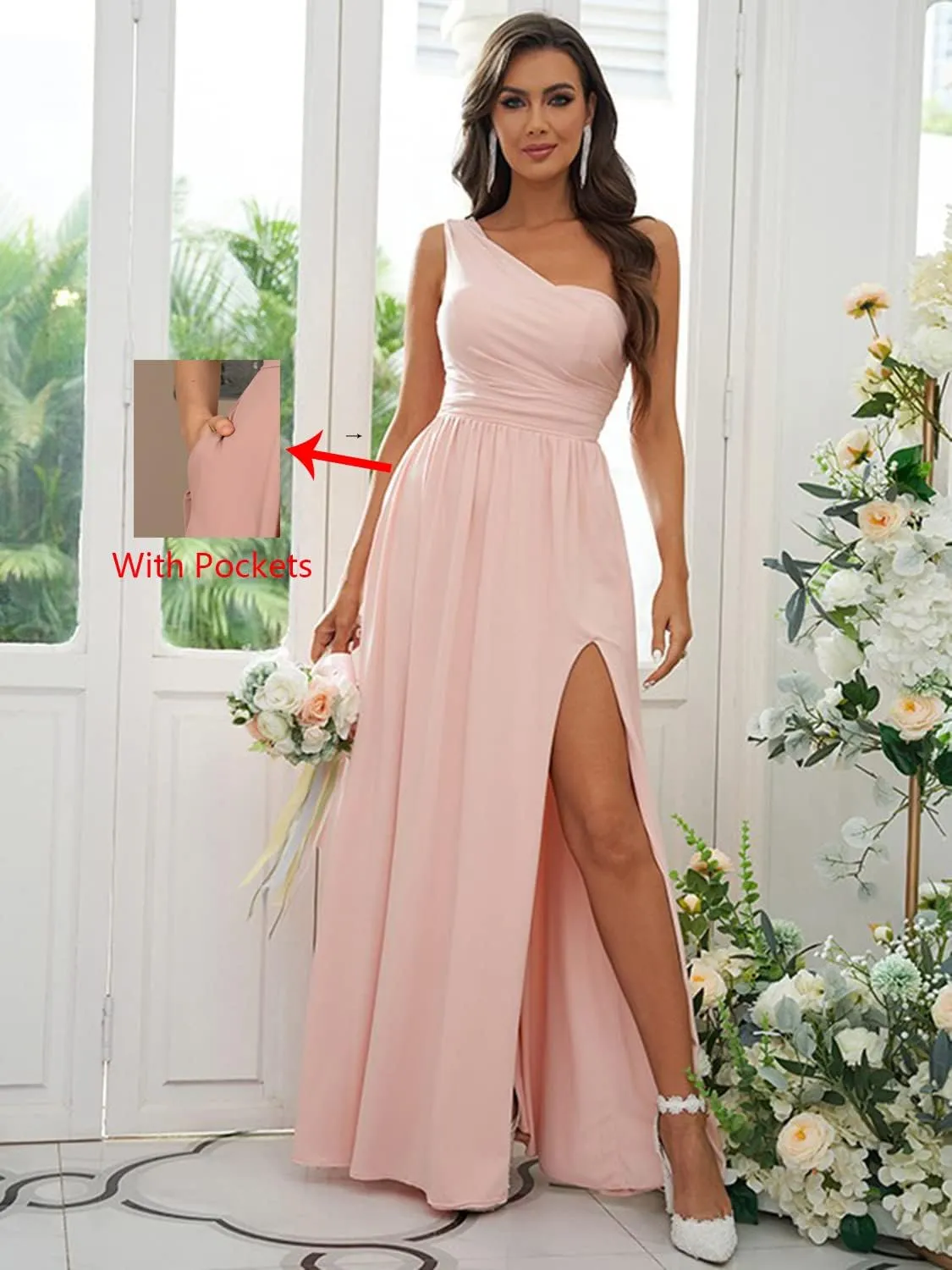 One Shoulder Bridesmaid Dresses for Women Wedding A-line Pleated Chiffon Long Evening Formal Gown with Slit