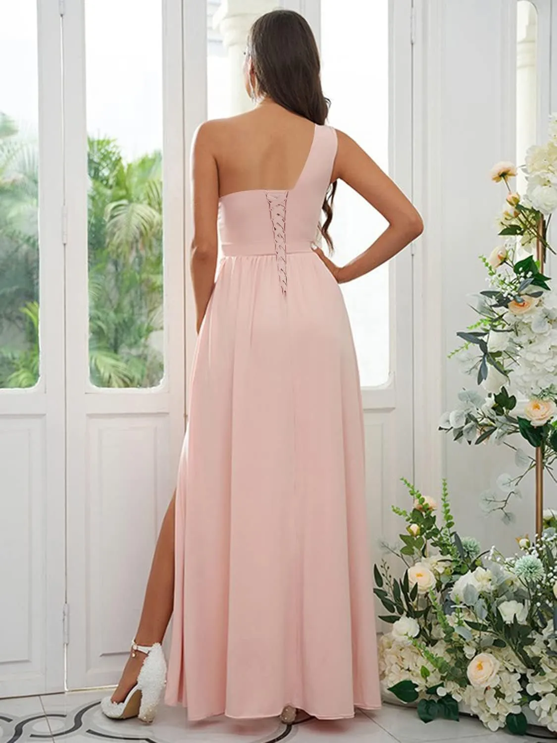 One Shoulder Bridesmaid Dresses for Women Wedding A-line Pleated Chiffon Long Evening Formal Gown with Slit