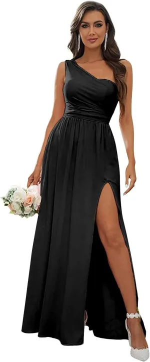 One Shoulder Bridesmaid Dresses for Women Wedding A-line Pleated Chiffon Long Evening Formal Gown with Slit