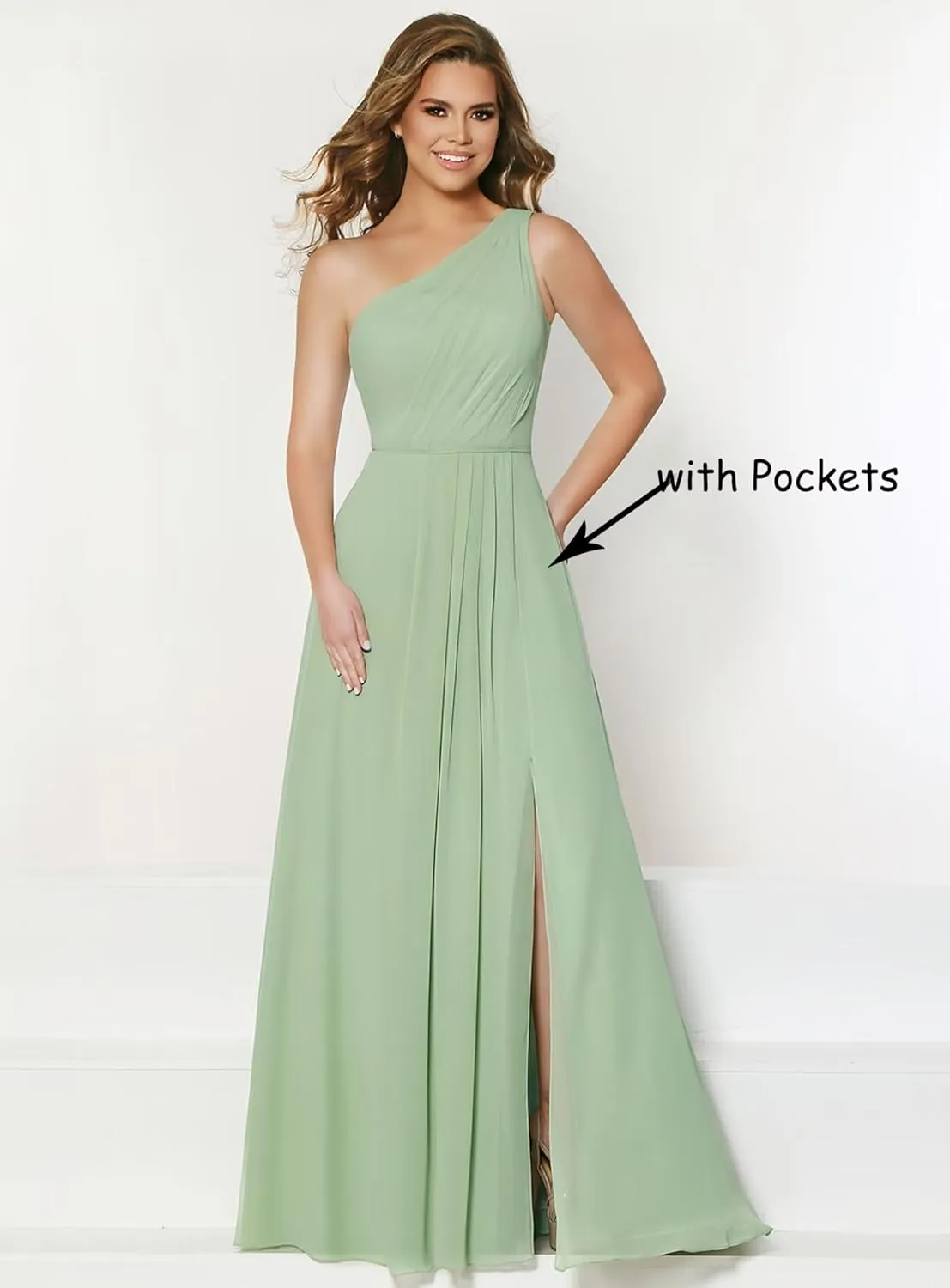 One Shoulder Bridesmaid Dresses for Women with Pockets Chiffon Formal Dresses Evening Gowns for Wedding Guest