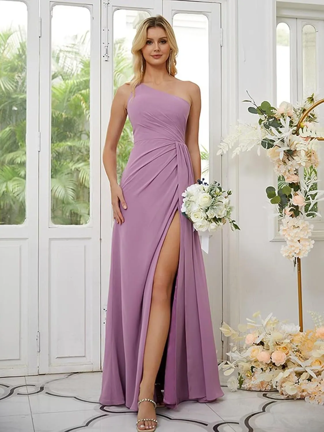 One Shoulder Bridesmaid Dresses for Women with Slit Chiffon Formal Wedding Guest Dresses Long Party Gown