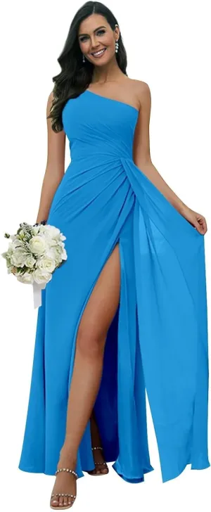 One Shoulder Bridesmaid Dresses for Women with Slit Chiffon Formal Wedding Guest Dresses Long Party Gown