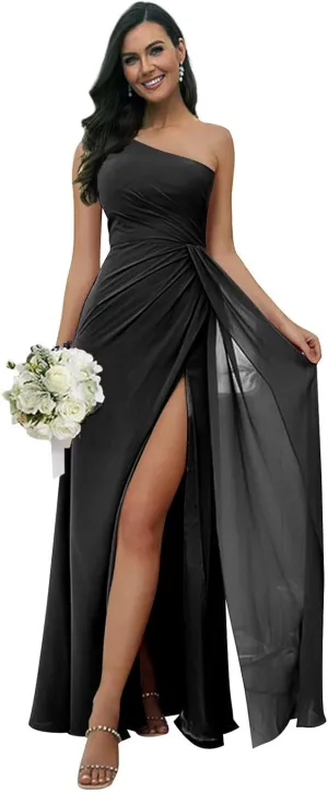 One Shoulder Bridesmaid Dresses for Women with Slit Chiffon Formal Wedding Guest Dresses Long Party Gown