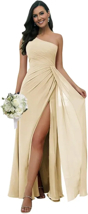 One Shoulder Bridesmaid Dresses for Women with Slit Chiffon Formal Wedding Guest Dresses Long Party Gown