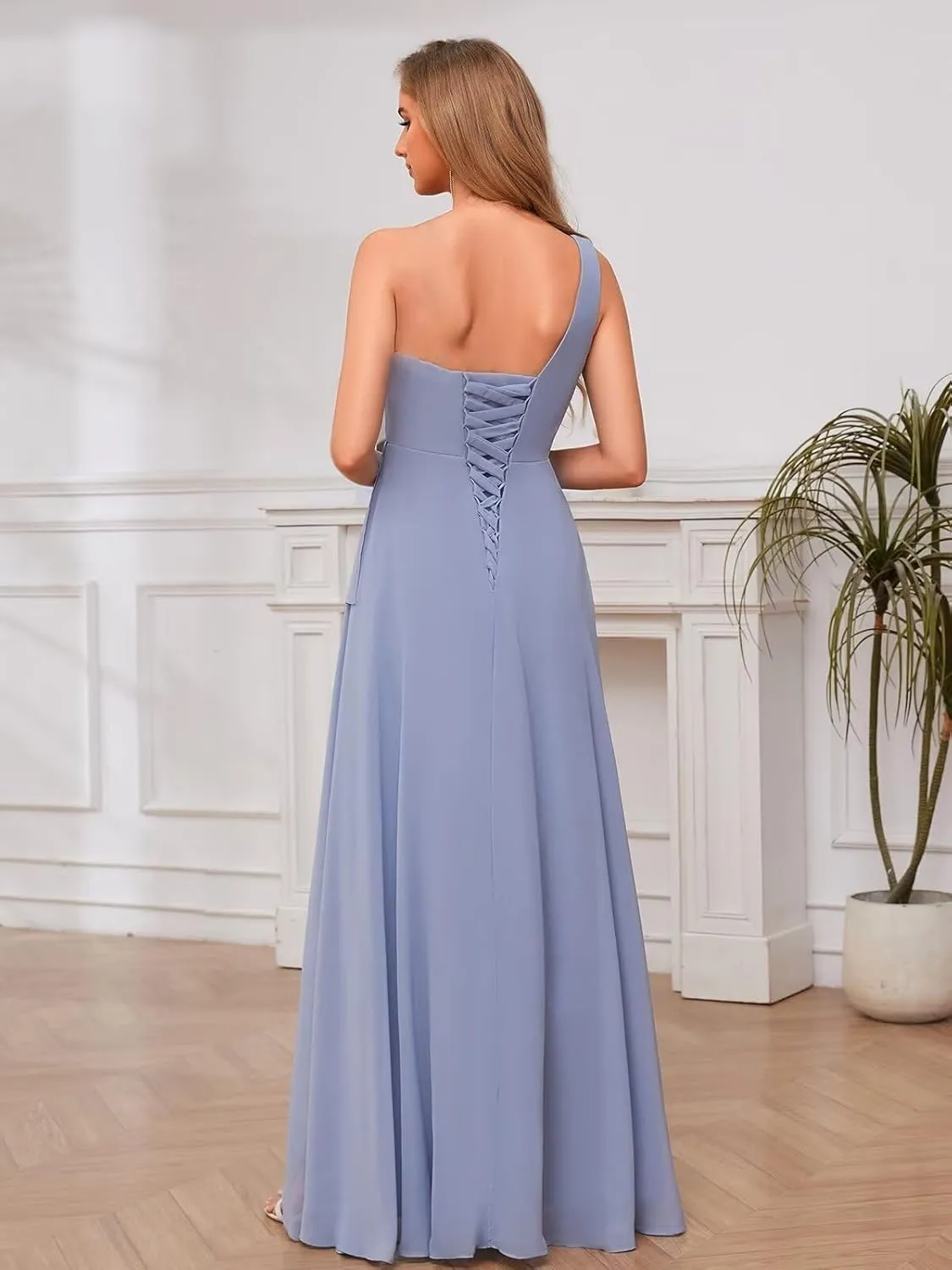 One Shoulder Bridesmaid Dresses for Women with Slit Chiffon Formal Wedding Guest Dresses Long Party Gown