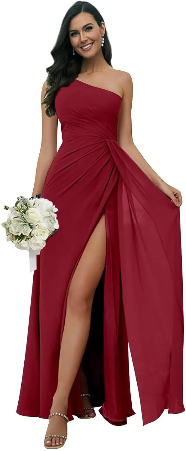 One Shoulder Bridesmaid Dresses for Women with Slit Chiffon Formal Wedding Guest Dresses Long Party Gown