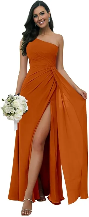 One Shoulder Bridesmaid Dresses for Women with Slit Chiffon Formal Wedding Guest Dresses Long Party Gown