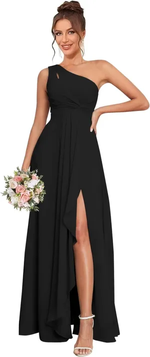 One Shoulder Bridesmaid Dresses for Women with Slit Pleated Chiffon Ruffle Formal Evening Gown Long
